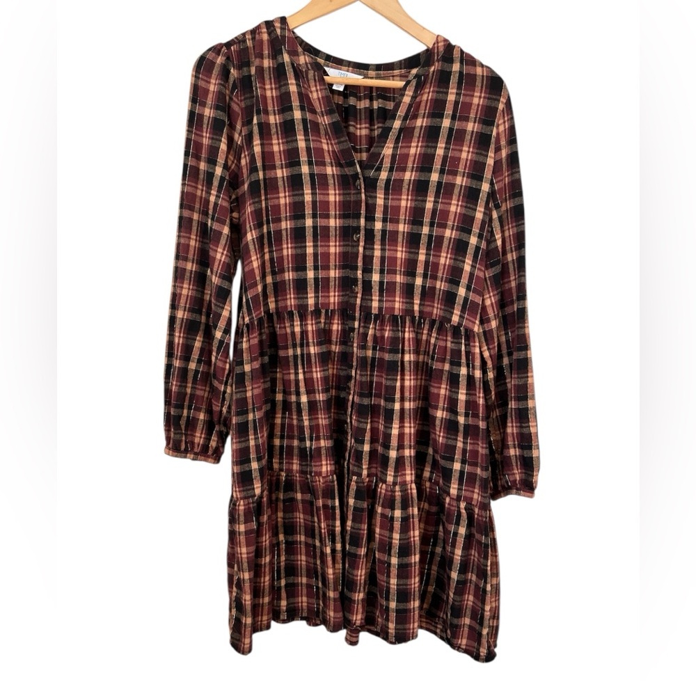 Time and Tru Checkered Burgundy and Tan Dress